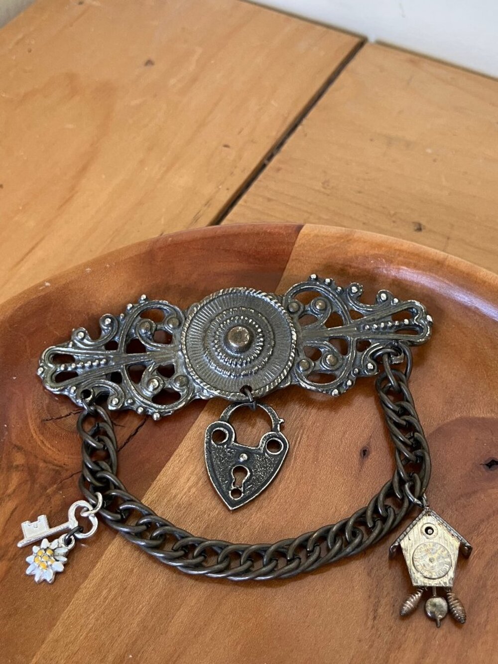 Vintage Chatelaine Chain Brooch Pin with 3 Dangle Charms Clock Daisy Key